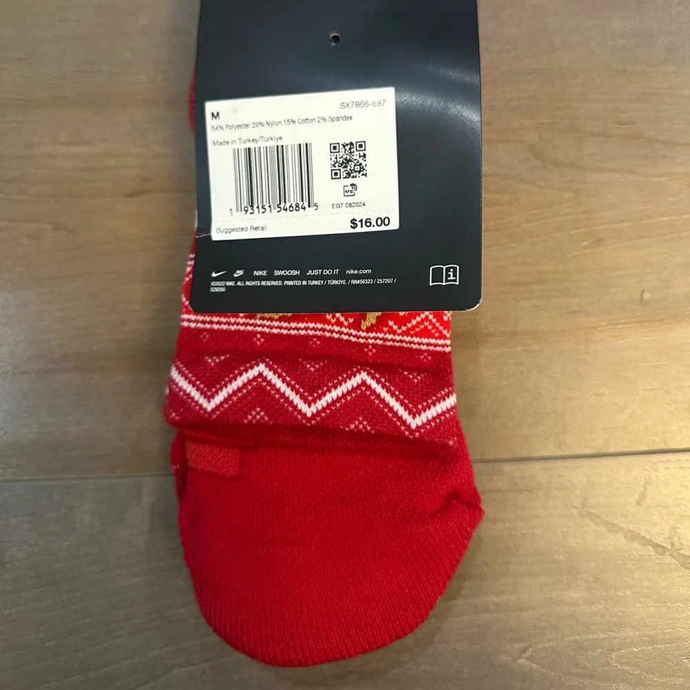 Nike Red Crew Socks with Gold Swoosh and Holiday Knit
